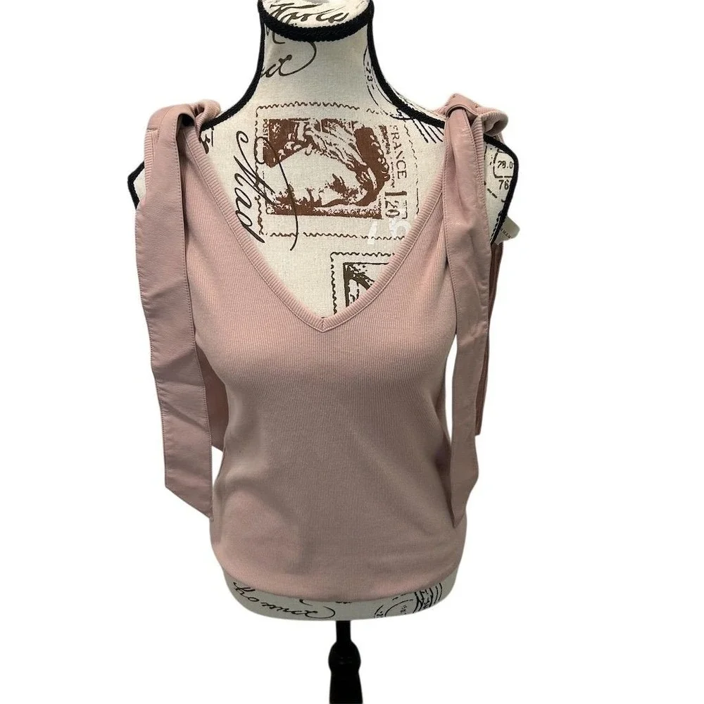 NWT Maeve by Anthropologie Ribbed Knit Tie Strap V Neck Tank Top Rose Sz M Boho - Picture 2 of 12